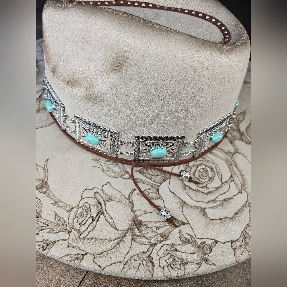 NWT Grey suede burned fedora cowboy hat with roses - Picture 4 of 7